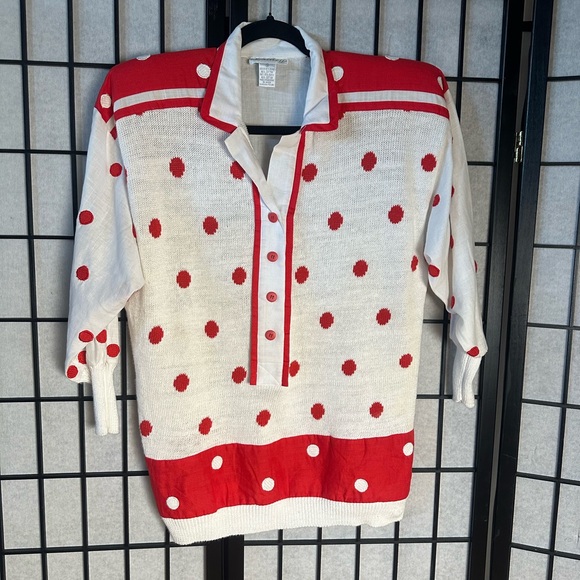 Side Effects 80s Vintage Cotton Knit / Linen Polka Dot Shoulder Pad Cardigan - Picture 1 of 8